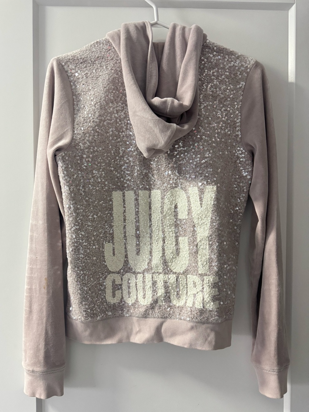 Juicy Couture Vintage Sequin Back Velour Zip-up Hoodie - Cream/Grey